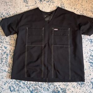 Figs black cargo style scrub top with white threading, size xs